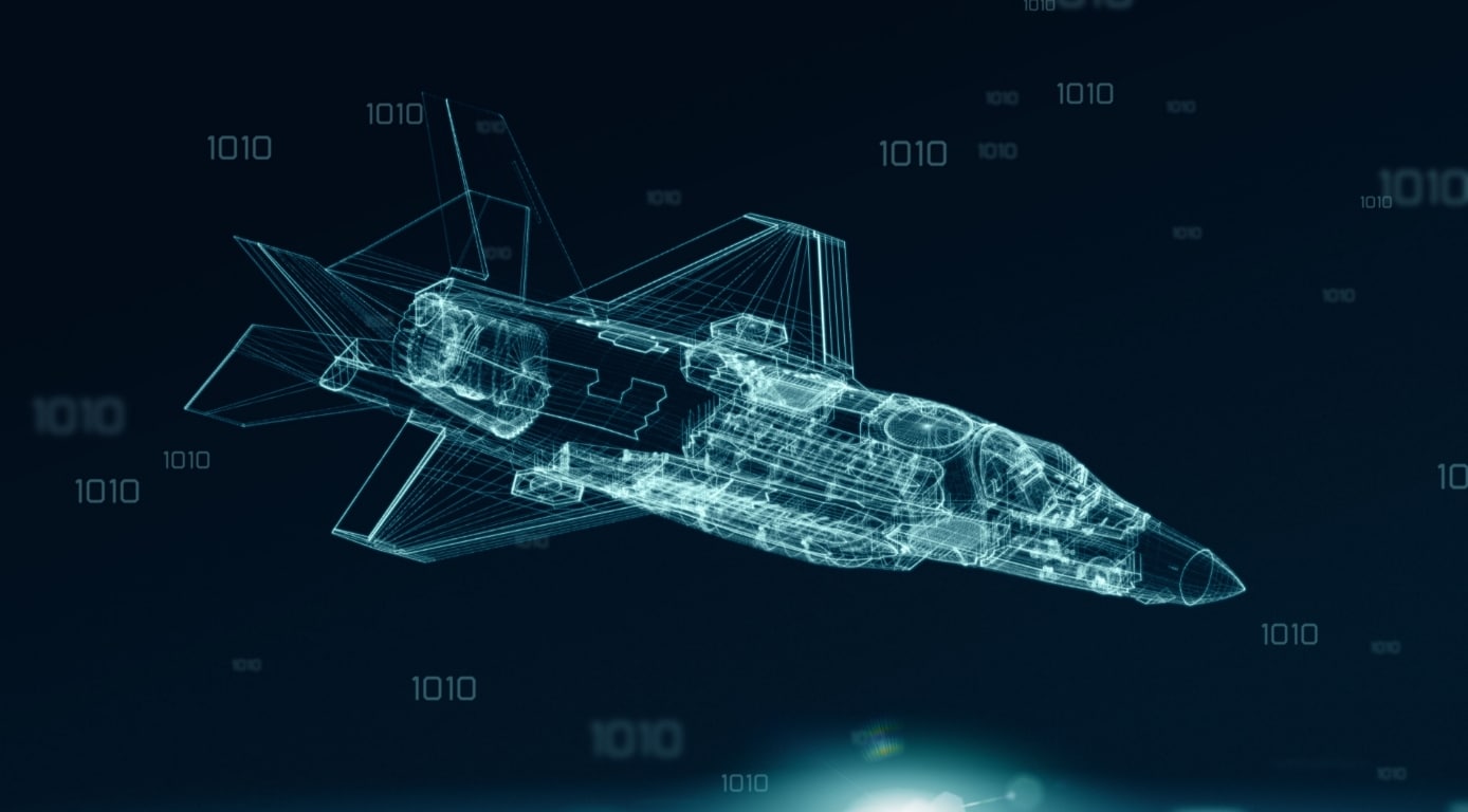 Digital wireframe model of military aircraft with binary data graphics in the background.