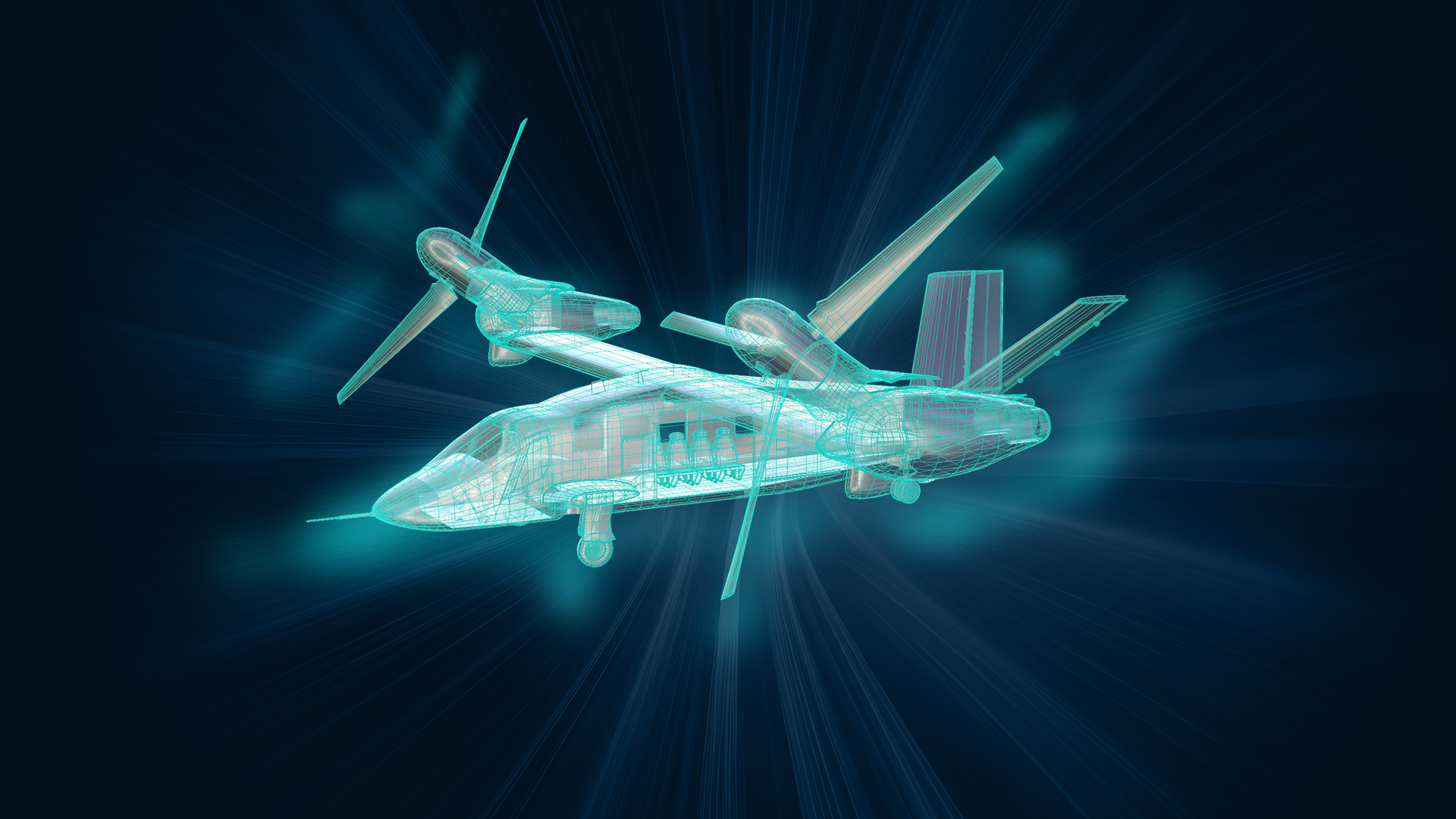 Digital wireframe visualization of tiltrotor aircraft and aerospace engineering systems.