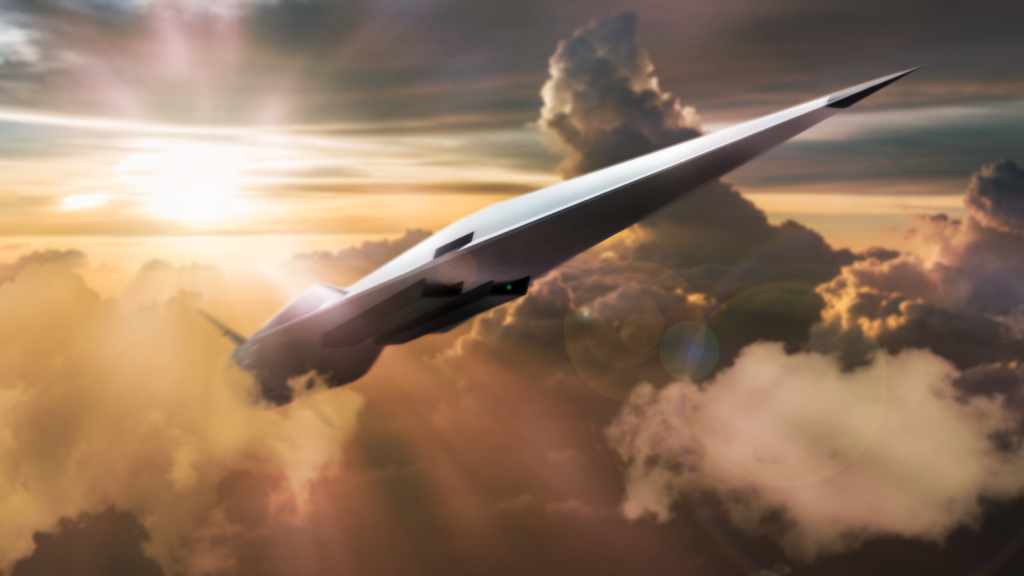 Concept rendering of an advanced military aircraft flying above clouds at sunset.