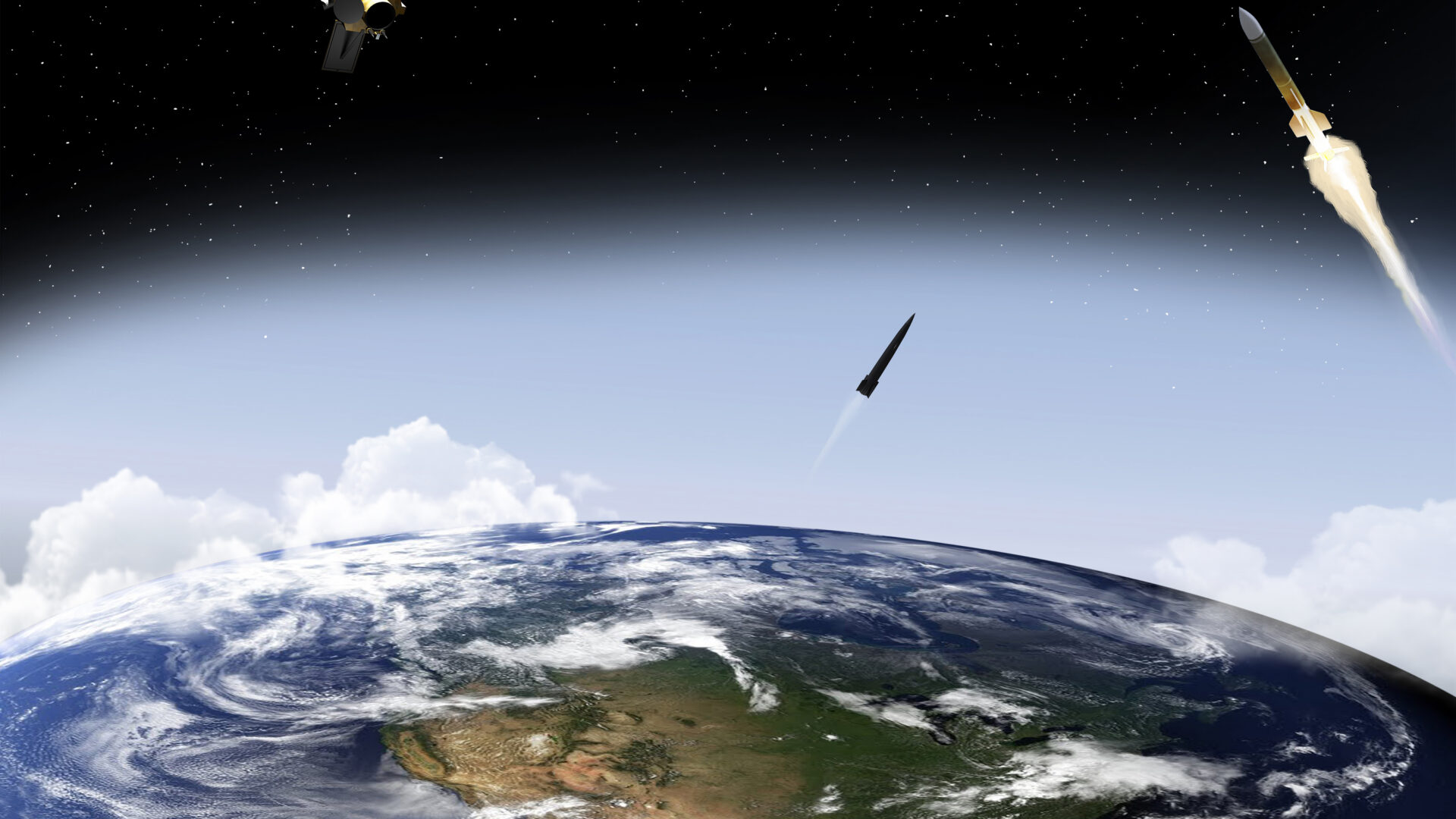 Space-based defense visualization showing satellites and missile intercept operations above Earth.
