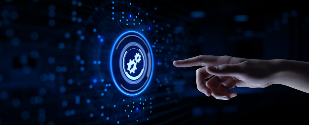 Hand interacting with digital settings and system configuration interface.