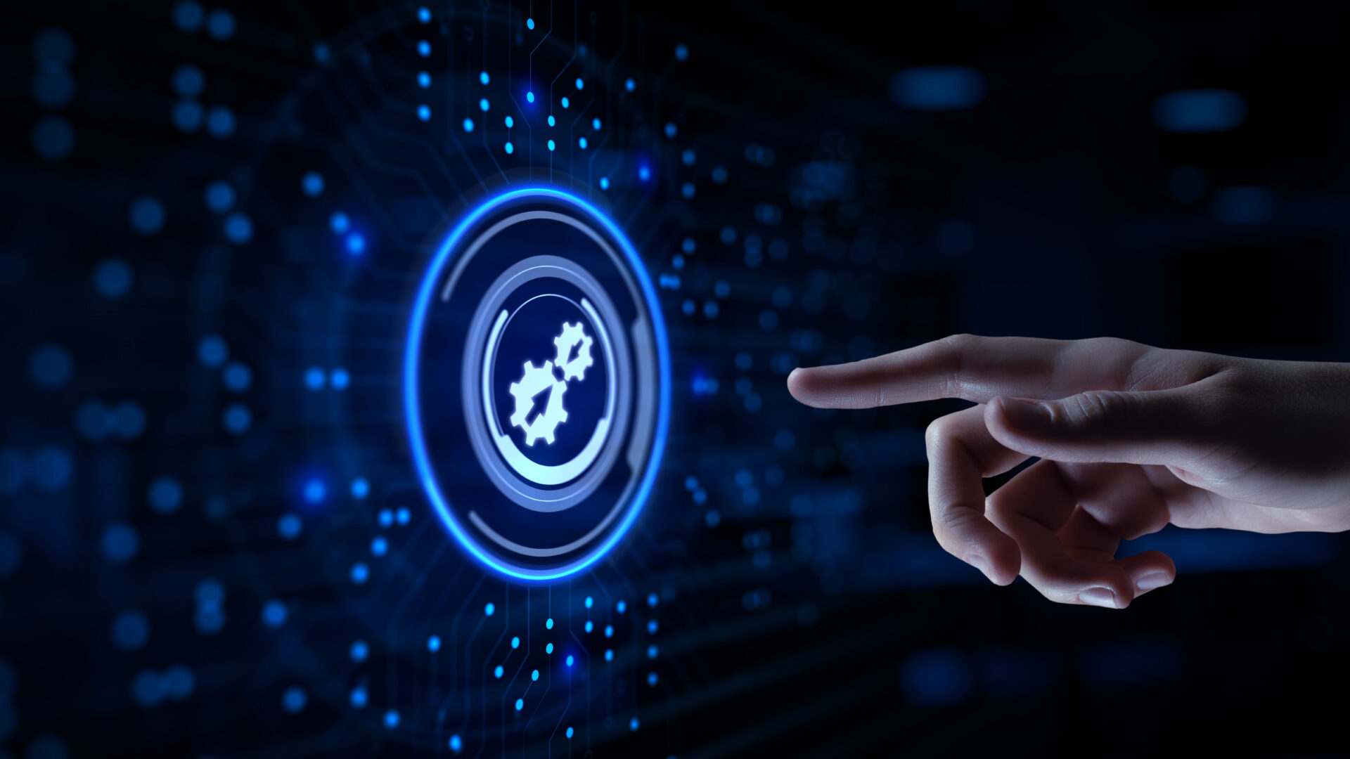 Hand interacting with digital settings and system configuration interface.