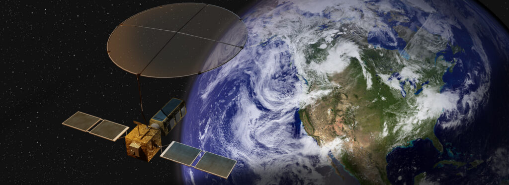 Satellite orbiting Earth with visible weather systems and communications antenna array.