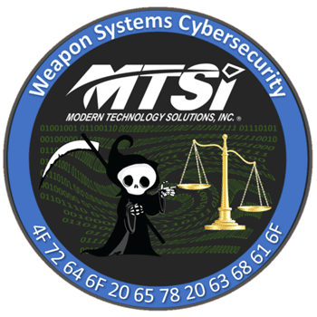 Weapon systems cybersecurity emblem featuring company logo, binary code background, and cybersecurity-themed graphics.