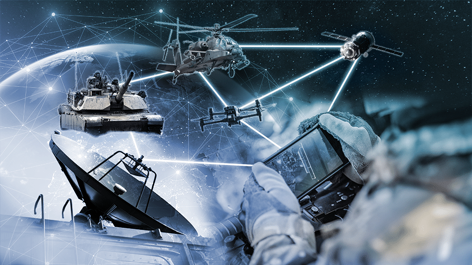 Multi-domain defense operations visualization featuring space and communication systems.
