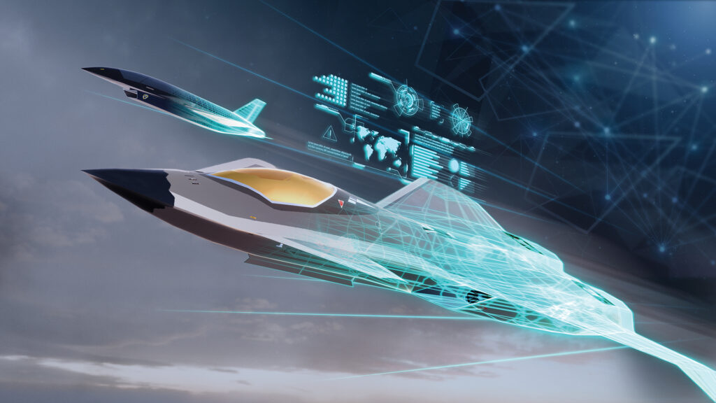 Conceptual aerospace visualization showing digitally engineered next-generation aircraft and mission systems integration.