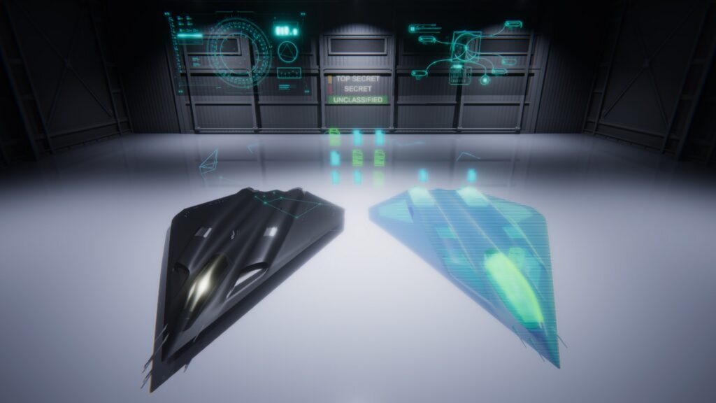 Digital twin visualization of advanced aerospace vehicle with holographic model and secure systems interface.