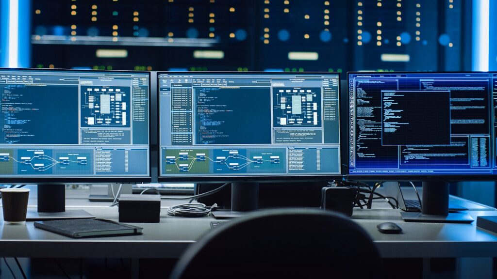 Cyber operations center with multiple monitoring and analysis displays.