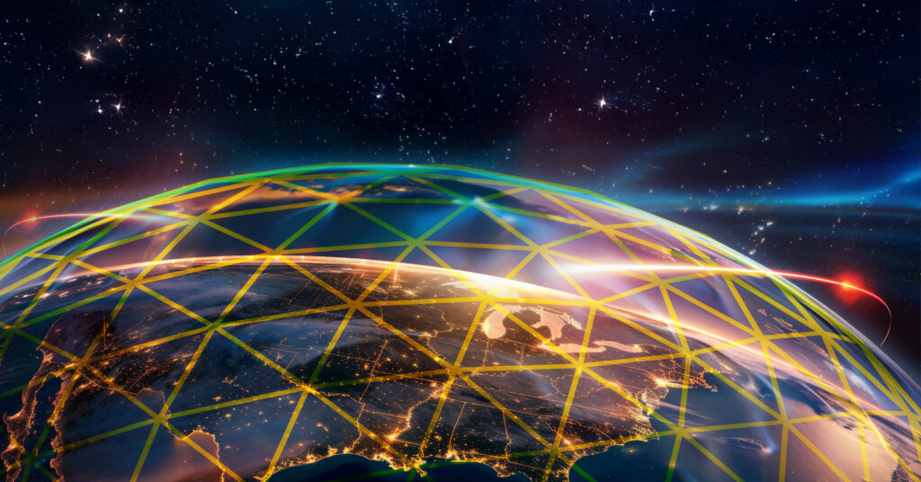 Global communications and network connectivity visualization surrounding Earth.