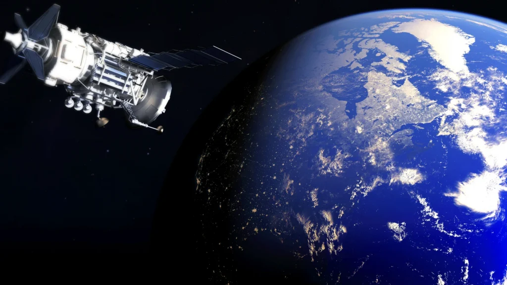 Satellite spacecraft operating in orbit above Earth.